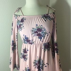 BoHo Bell Sleeve Pink Floral Mid Size Dress 70s